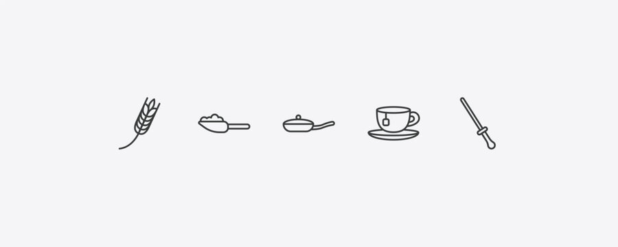 kitchen outline icon set. thin line wheat, scoop, tea cup, knife sharpener icons. editable vector