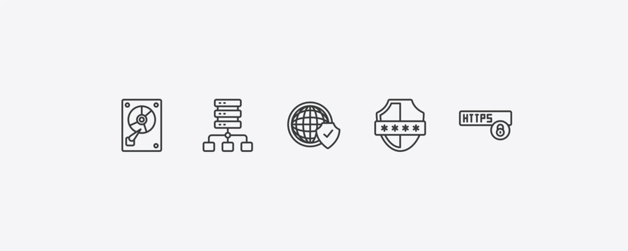 internet security outline icon set. thin line hard disc, proxy server, pin code, https icons. editable vector