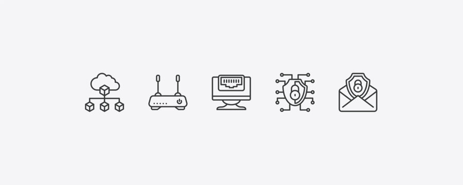 internet security outline icon set. thin line network cubes, modem, network, email security icons. editable vector