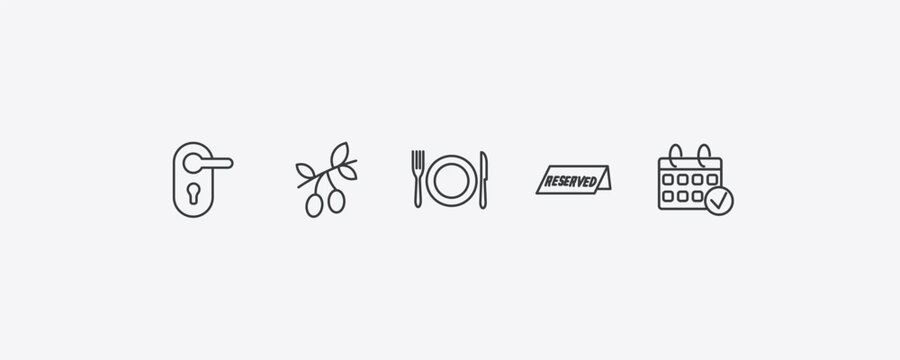 hotel and restaurant outline icon set. thin line doorknob, olives, reserved, reservation icons. editable vector
