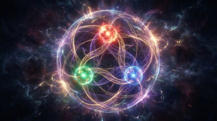 Obraz premium Cosmic Energy Nexus: A vibrant, intricate sphere of glowing orbs, connected by swirling energetic lines, pulsating with cosmic power against a dark, starry backdrop.