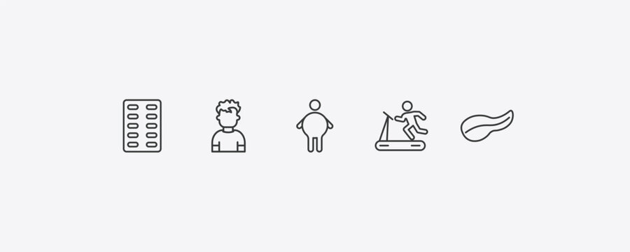 medical outline icon set. thin line medical strip, boy, treadmill, pancreas icons. editable vector
