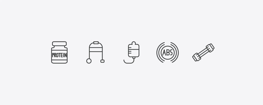 health and medical outline icon set. thin line proteins, medical walker, abs, chest expander icons. editable vector