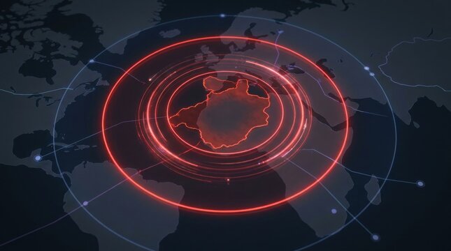 Global Threat Alert: A world map projection displays a hazardous alert centered over a region, visualized with concentric red rings and connecting lines, signifying a critical situation or outbreak.