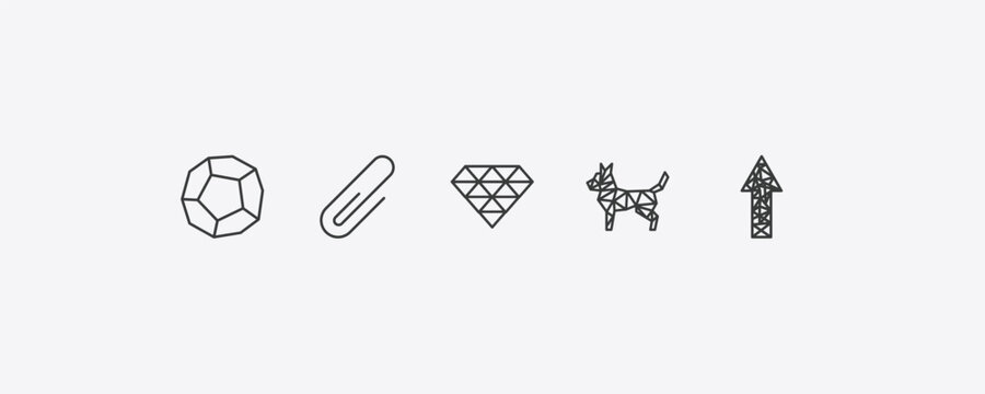 geometry outline icon set. thin line dodecahedron, attach, polygonal dog, polygonal arrow up icons. editable vector