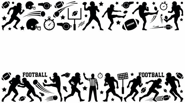 American football silhouette border set, black sports icons and player silhouettes, athletic competition vector elements for championship design isolated PNG with Transparent Background