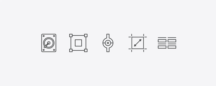 geometry outline icon set. thin line disk, bounding box, dimensions, array icons. editable vector