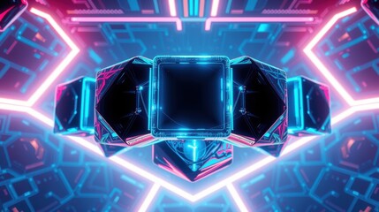 Obraz premium Futuristic tunnel glows with neon lights. Geometric shapes create complex digital environment. Dark background emphasizes vibrant colors.