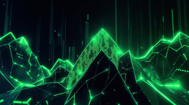 Abstract polygonal landscape glows neon green. Dark background emphasizes sharp lines, creating futuristic digital scene. Minimalist design.