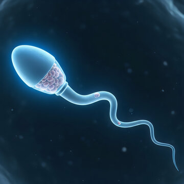 Sperm cell, microscopic view, glowing blue, scientific illustration, biology, medicine, healthcare