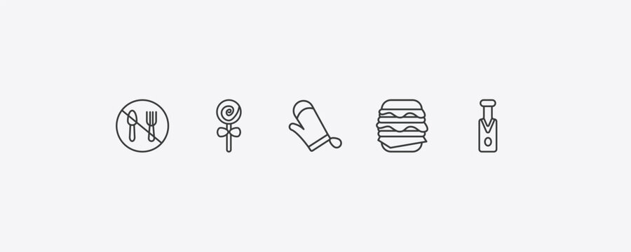 food outline icon set. thin line no eating, jawbreaker, double burger, sparkling wine icons. editable vector