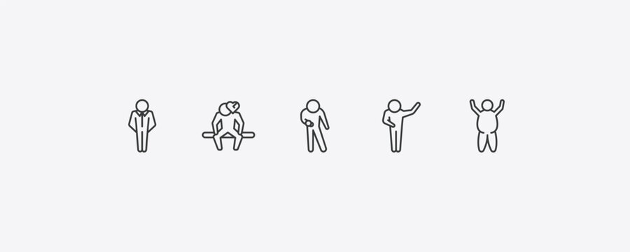 feelings outline icon set. thin line cool human, heartbroken human, grateful human, fat icons. editable vector