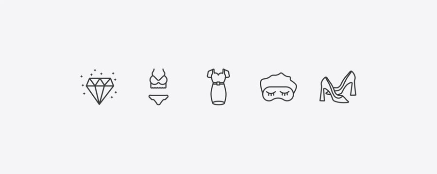 fashion outline icon set. thin line diamond precious stone, lingerine, sleeping mask, high heel shoes icons. editable vector