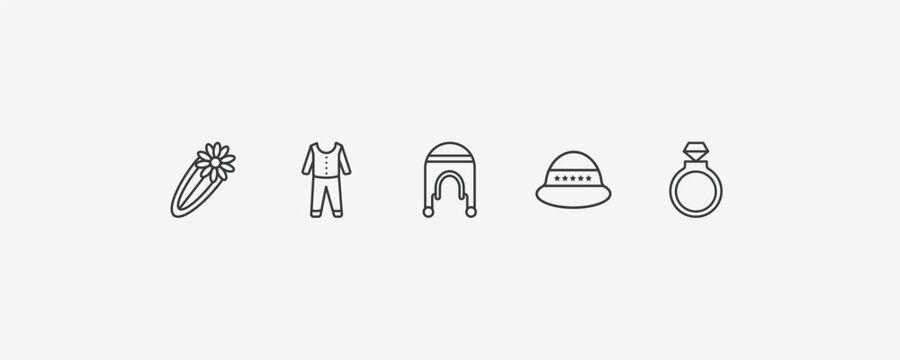 fashion outline icon set. thin line barrette, sparkling wine, general helmet, fiance icons. editable vector