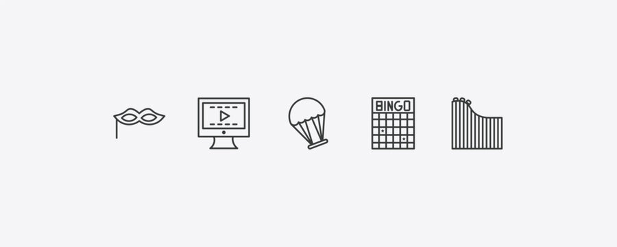 arcade outline icon set. thin line masquerade, video editing, bingo, roller coaster icons. editable vector