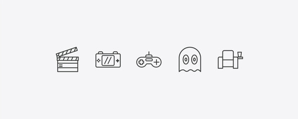arcade outline icon set. thin line clapboard, handheld game, ghost, cinema seat icons. editable vector © Farahim