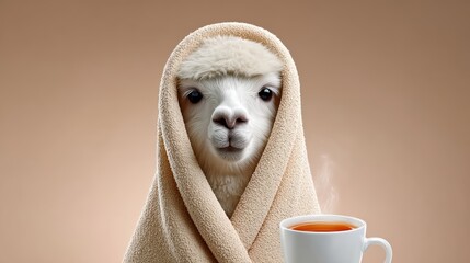 Naklejka premium Cute white baby alpaca wrapped in a warm cozy beige towel looking at a hot cup of coffee