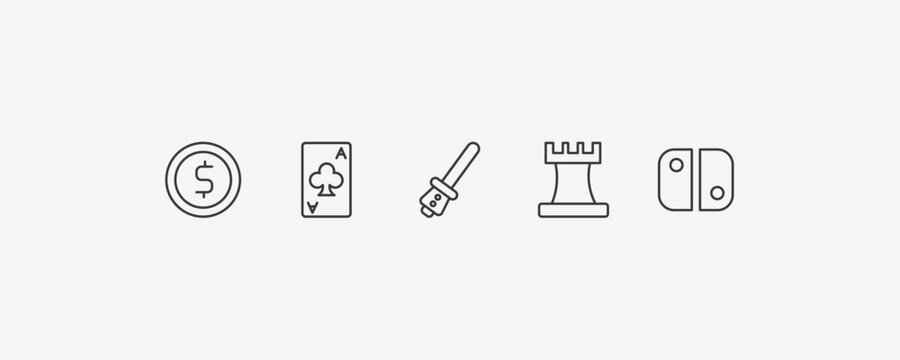 arcade outline icon set. thin line token, ace of clubs, chess piece, switch icons. editable vector