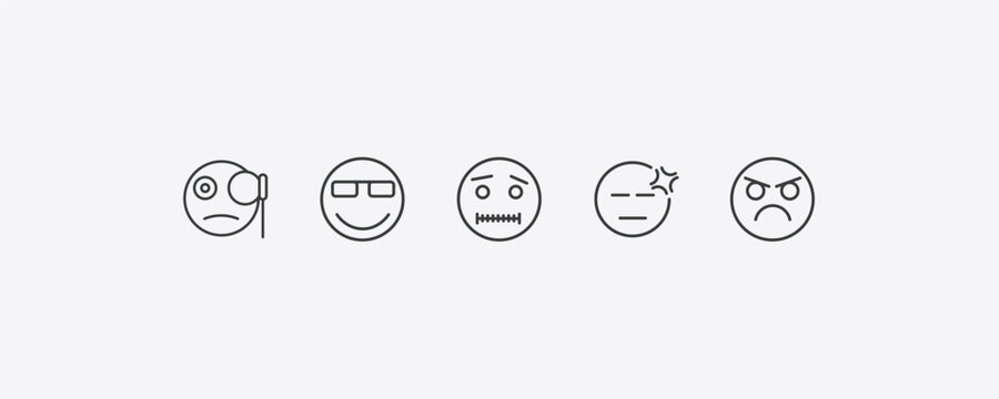 emoji outline icon set. thin line monocle emoji, cool emoji, headache pouting icons. editable vector