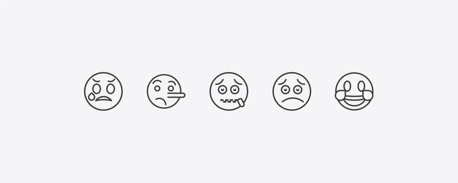 emoji outline icon set. thin line disappointed emoji, lying emoji, worried laugh icons. editable vector