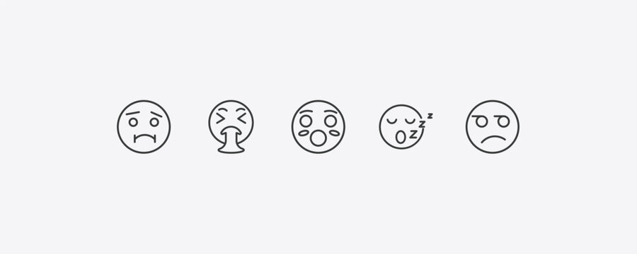emoji outline icon set. thin line nauseated emoji, puking emoji, sleep suspect icons. editable vector