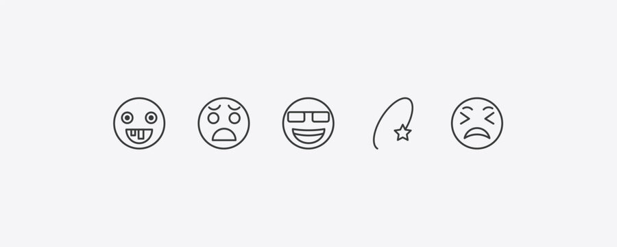 emoji outline icon set. thin line stupid emoji, anguished emoji, dizzy exhausted icons. editable vector