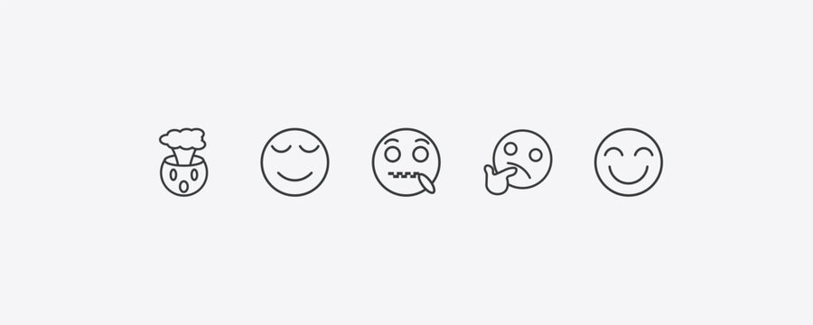 emoji outline icon set. thin line exploding head emoji, calm emoji, wondering grinning icons. editable vector