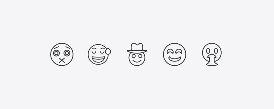 emoji outline icon set. thin line silent emoji, sweating emoji, drool vomit icons. editable vector