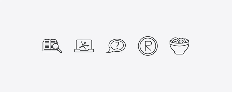 education outline icon set. thin line book and magnifier, science in a laptop, registered, mie icons. editable vector