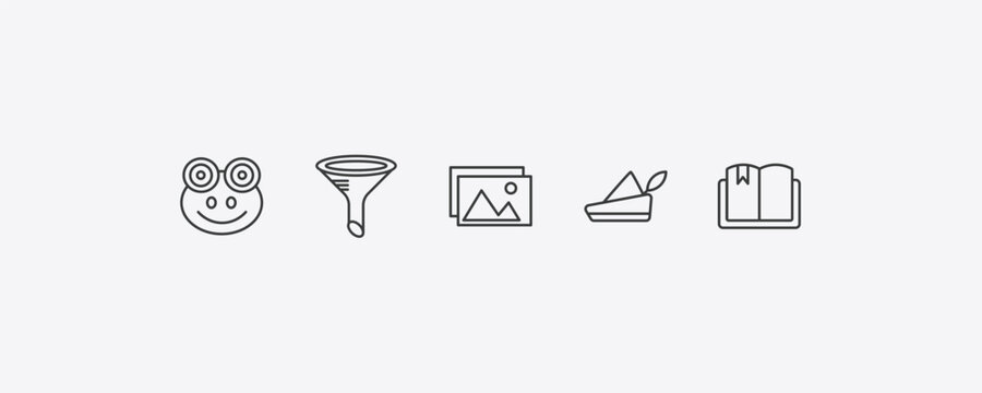 education outline icon set. thin line frog, chemistry funnel, robin hood, book with bookmark icons. editable vector
