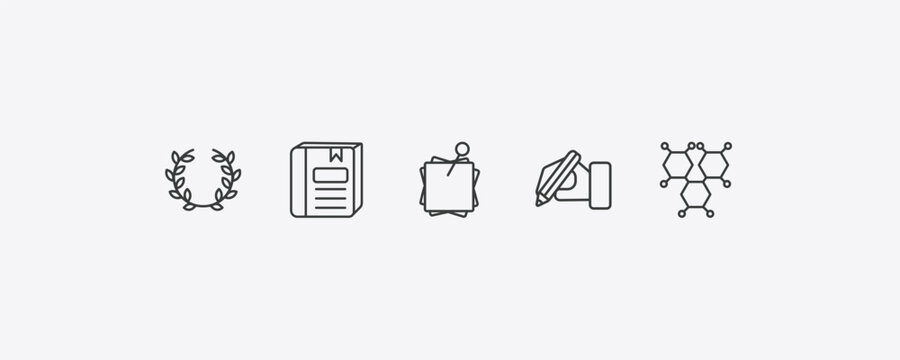 education outline icon set. thin line laurel wreath, closed book with marker, write by hand, chemical formula icons. editable vector