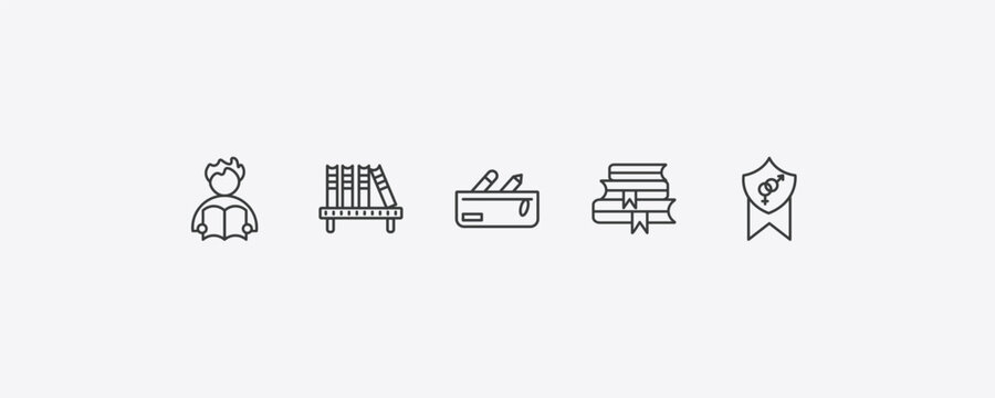 education outline icon set. thin line man reading, bookshelf with books, stack of books, fraternity icons. editable vector