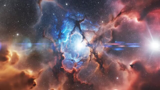 High resolution celestial nebula featuring vibrant blue and orange ionized gas clouds surrounding a luminous central star core with dark cosmic dust filaments and starry background