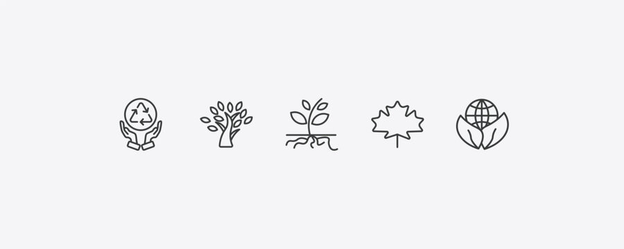 ecology outline icon set. thin line recycling, tree with many leaves, m leaf, sustainability icons. editable vector
