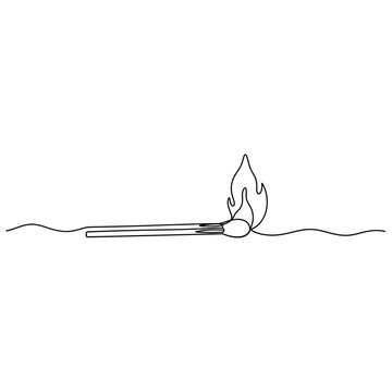 Continuous line drawing of a burning matchstick with flame