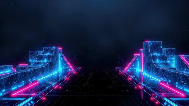 Neon structures extend into darkness. Vibrant blue, pink lights create futuristic tunnel effect. Digital aesthetic dominates scene.