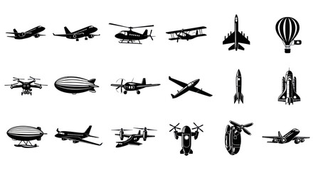 Diverse Aircraft Collection: Airplanes, Drones, Helicopters, Blimps, Rockets © Yunan