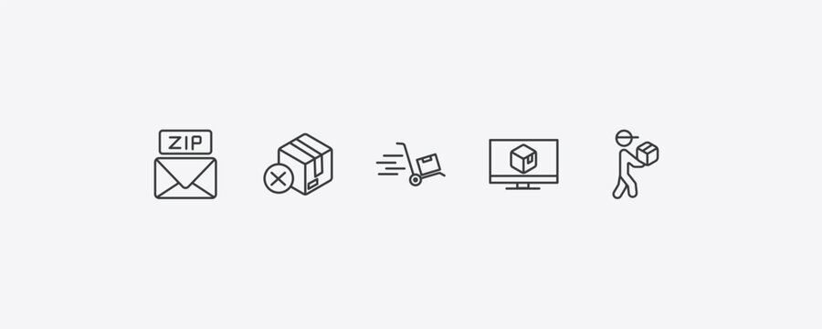 delivery and logistic outline icon set. thin line zip code, delivery cancelled, delivery monitor, courier icons. editable vector