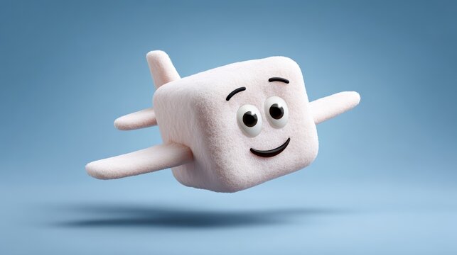 Cute cartoon cube airplane character flying happily in blue sky a happy cube airplane character smiling against a plain blue background