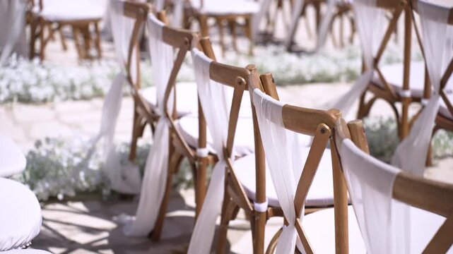 Chairs are arranged in a line for a wedding. White fabric is tied on each chair. The area shows some floral decorations on the ground. The setup is ready for guests to arrive.