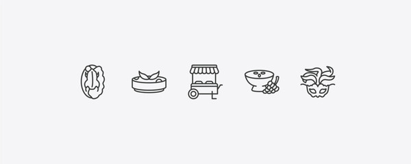 culture outline icon set. thin line beijing roast duck, gazpacho, ajoblanco, brazil carnival mask icons. editable vector © Farahim