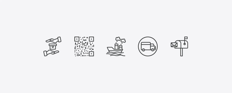 delivery and logistic outline icon set. thin line delivery safety, bar code, shipping, postbox icons. editable vector