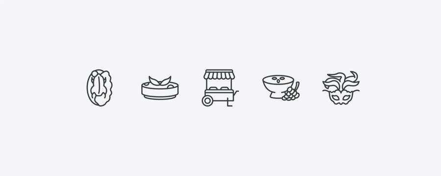 culture outline icon set. thin line beijing roast duck, gazpacho, ajoblanco, brazil carnival mask icons. editable vector