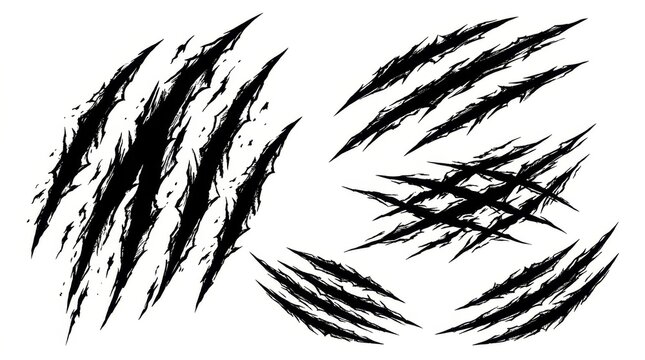 Sharp black monster claw marks and aggressive rip scratches isolated on a clean white background.