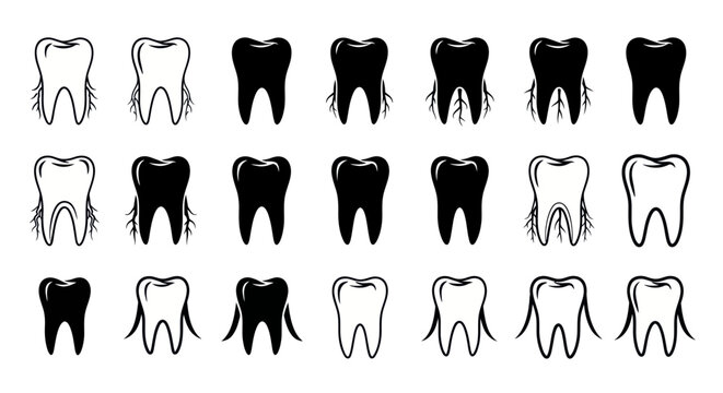 Dental Health Icons: Healthy vs Unhealthy Teeth, Black and White Vector Illustrations