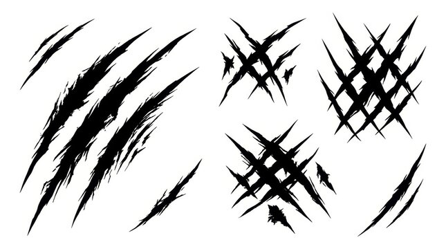 Sharp black monster claw marks and aggressive rip scratches isolated on a clean white background.