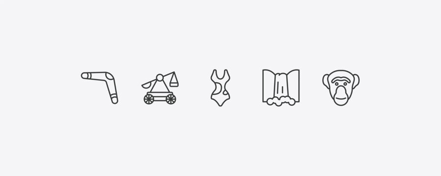 culture outline icon set. thin line australian boomerang, trebuchet, maletsunyane, chimp face of brazil icons. editable vector