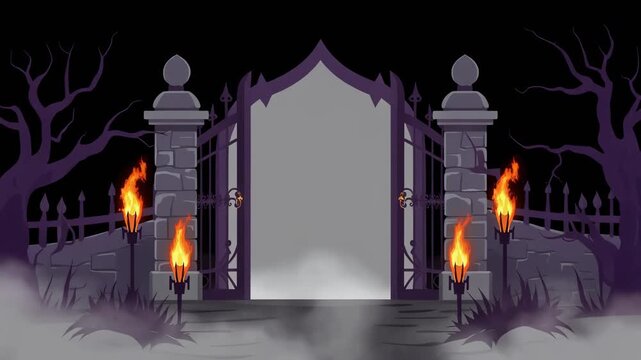 An open gothic gate with stone pillars and burning torches, shrouded in mist under a dark sky, creating a spooky atmosphere. Halloween spooky video background.