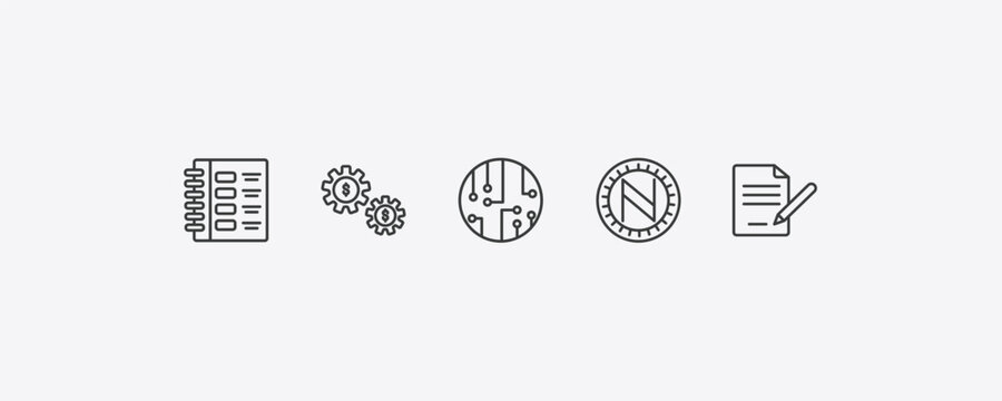 cryptocurrency outline icon set. thin line ledger, economy gear, , icons. editable