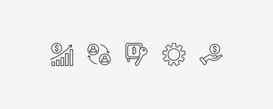 cryptocurrency outline icon set. thin line profit, peer to peer, function, loan icons. editable vector